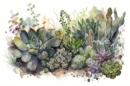 watercolor succulent garden with mix of different species and shapes, created with generative aiの素材