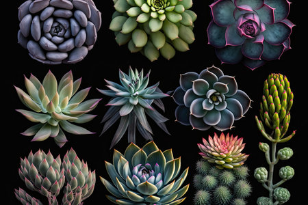 group of succulent plants in variety of colors and textures on black background, created with generative aiの素材