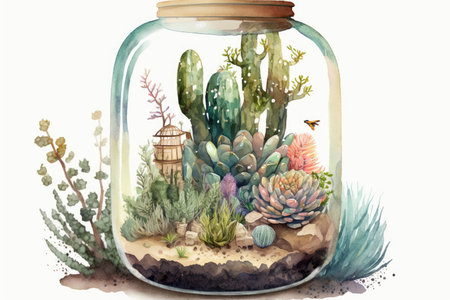mini watercolor garden of succulent plants in glass terrarium, created with generative aiの素材