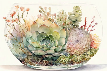 hand-painted watercolor succulent arrangement in crystal vase, created with generative aiの素材