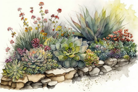 watercolor garden, with succulent plants and blooming flowers, created with generative aiの素材