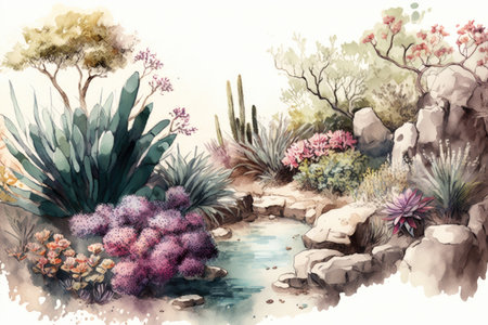 watercolor garden, with succulent plants and blooming flowers, created with generative aiの素材
