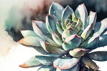 close-up of watercolor succulent plant, with detailed brushstrokes and textures, created with generative aiの素材
