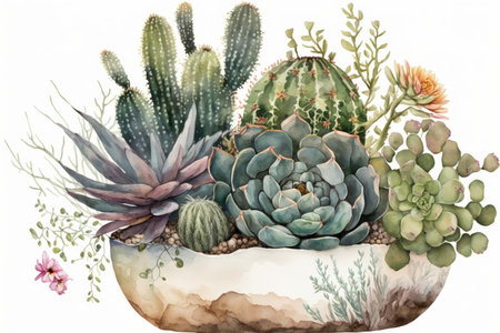 watercolor succulent planter with variety of plants, including cacti, nicknacks and greenery, created with generative aiの素材