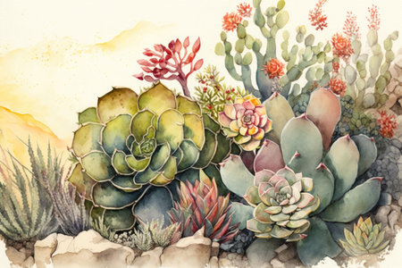 watercolor succulent garden with vibrant blooms in the background, created with generative aiの素材