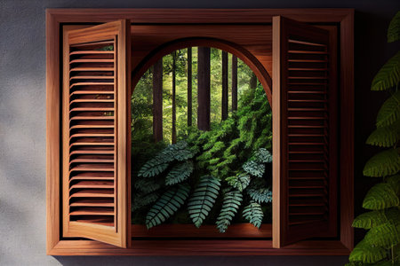 wooden window with louver and view of lush forest, created with generative aiの素材