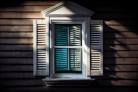 a window with louver shutters that cast a shadow on the inside of the house, created with generative aiの素材