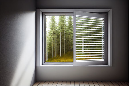 window with louver that allows light and air to stream into room, while offering privacy, created with generative aiの素材