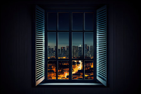 window with fixed louver and view of cityscape at night, created with generative aiの素材