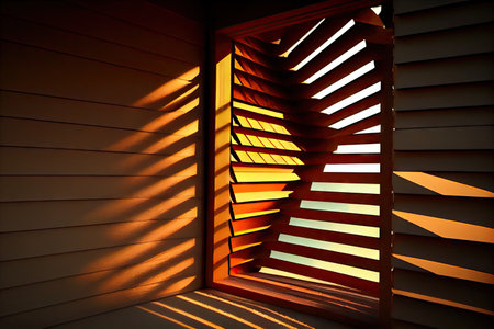 window louver with sun filtering through, creating warm and welcoming atmosphere, created with generative aiの素材