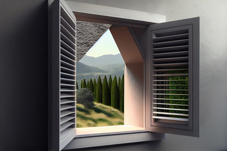 window with louver fully open, providing a view of the outside world, created with generative aiの素材