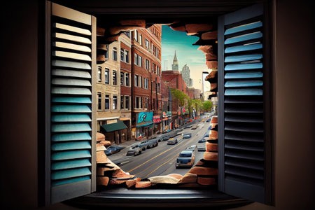 window louver with view of bustling city street, providing a glimpse into the hustle and bustle of daily life, created with generative aiの素材