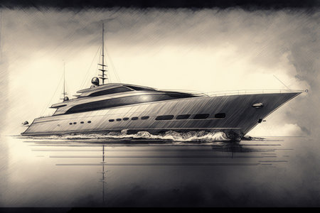 yacht design in pencil sketch, floating on the water with reflections and shadows, created with generative aiの素材