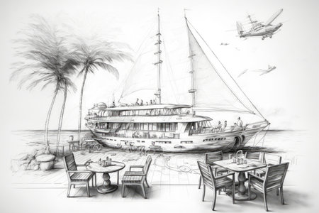 pencil sketch of yacht with details, including deck chairs and tables, created with generative aiの素材