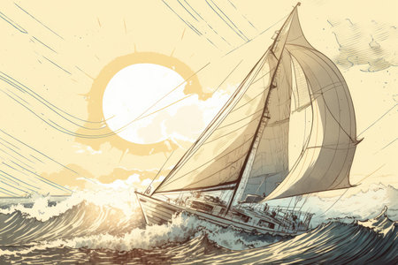 sketched yacht sails on the open seas, with waves and sun shining down, created with generative aiの素材