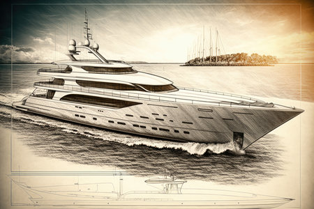 yacht design pencil sketch, with detailed deck and railing layout, against scenic sunset backdrop, created with generative aiの素材