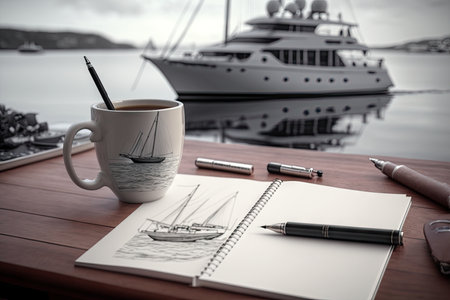 yacht designer, working on pencil sketch of next project, with notepad and coffee cup nearby, created with generative aiの素材