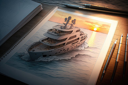 yacht design sketch with a view of the sun setting over the ocean, created with generative aiの素材