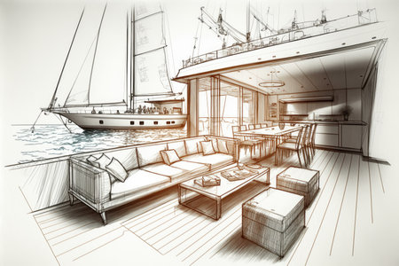 yacht design pencil sketch with close-up of yachts deck, showing details such as furniture and seating, created with generative aiの素材