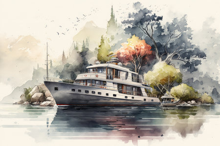 watercolor yacht design with peaceful, serene setting, created with generative aiの素材