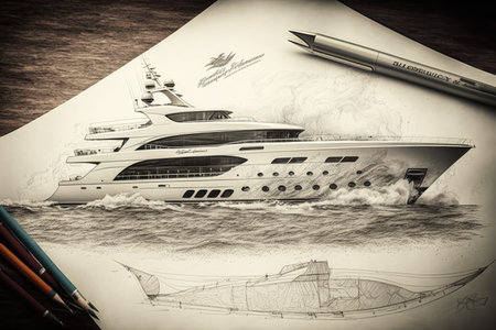 hand-drawn yacht design with pencil shading and realistic details, created with generative aiの素材