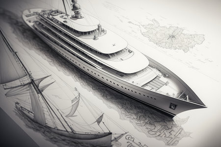 close-up of yachts intricate and detailed design sketch, with pencil lines visible, created with generative aiの素材