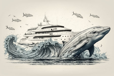 sketch of luxury yacht on the open sea, with dolphins swimming in the background, created with generative aiの素材