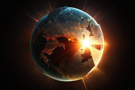 a sun rising over a globe, with rays of light illuminating the continents., created with generative aiの素材