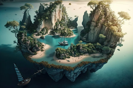 a surreal float island with a secret lagoon and hidden beach, surrounded by dense tropical forests., created with generative aiの素材