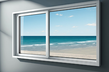 sliding aluminium window, with view of the ocean, providing refreshing breeze and natural light, created with generative aiの素材