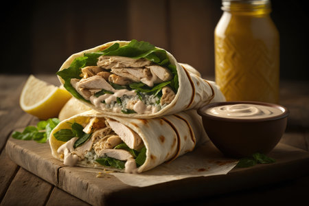 stack of warm chicken shawarma wrapped in pita bread, with hummus and tahini for dipping, created with generative aiの素材
