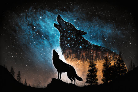 double-exposure of howling wolf and nighttime sky, with stars in the background, created with generative aiの素材
