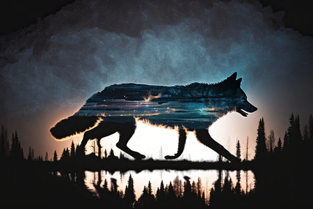 double exposure of wolf running through forest, with view of the night sky in the background, created with generative aiの素材