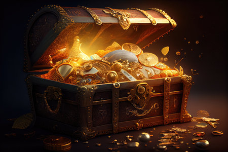 treasure chest overflowing with gold coins and jewels, created with generative aiの素材