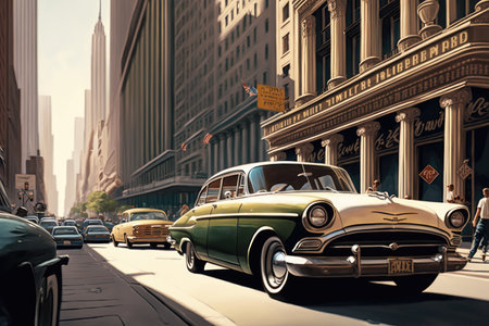 classic car driving down busy street in modern city, with skyscrapers and bustling sidewalks in the background, created with generative aiの素材