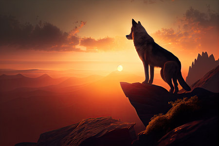 majestic wolf, with the sun setting behind it, on the top of a mountain, created with generative aiの素材