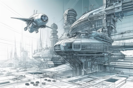 architectural blueprints of futuristic city, with flying cars and advanced technology, created with generative aiの素材