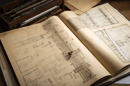 a collection of blueprints and technical drawings, bound in a leather portfolio, created with generative aiの素材
