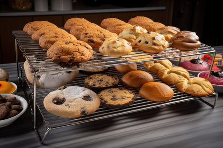 baking rack, filled with freshly baked pastries and cookies, created with generative aiの素材