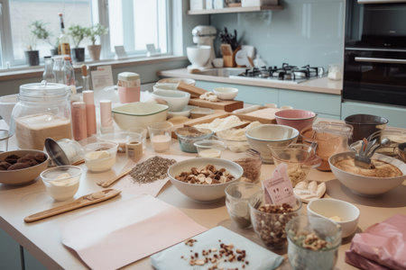 beautiful and bright baking workshop, with all the ingredients and tools ready for baking, created with generative aiの素材