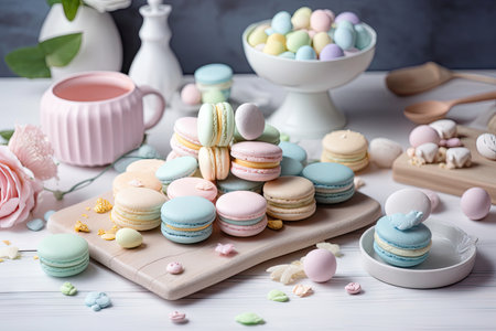 pastel-colored treats and sweets, perfect for a springtime baking class, created with generative aiの素材