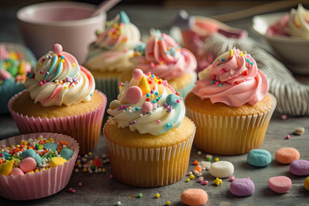 sweet and whimsical cupcakes with pastel frosting, sprinkles, and candy decorations, created with generative aiの素材