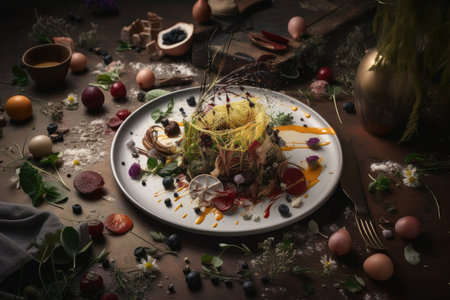 intricate and artistic food styling for an dining experience, created with generative aiの素材
