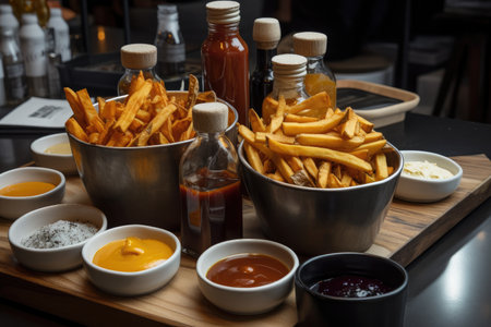 variety of fries and sauces, including sweet potato and truffle oil, created with generative aiの素材