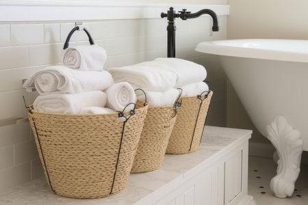 organizing and storage solutions using containers, hooks, and baskets for the bathroom, created with generative aiの素材