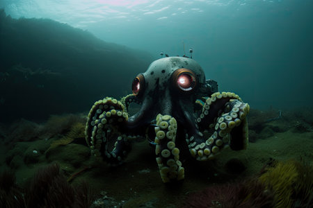 robot octopus, with eight tentacles and camera eyes, explores underwater depths, created with generative aiの素材