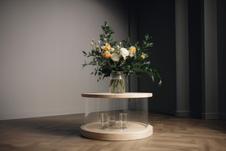 a minimalistic round podium, with a flowering plant and glass of water, created with generative aiの素材