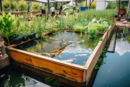outdoor aquaponics garden with beautiful plants and fish swimming in water, created with generative aiの素材