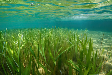 clear water with close-up of aquatic plant and seagrass, created with generative aiの素材