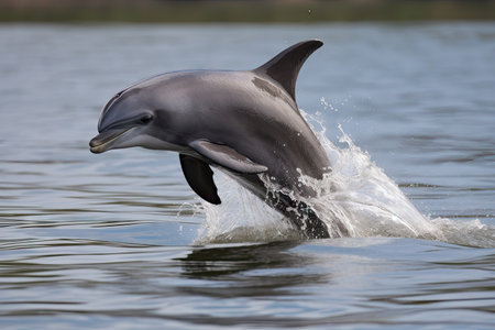 adorable baby dolphin jumping out of the water, its tail fluke flying through the air, created with generative aiの素材